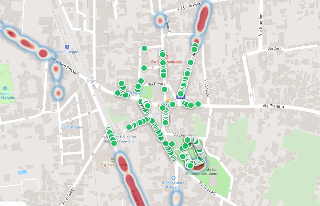 Mappa reale K-City con disponibilità posti e zone ad alta intensità